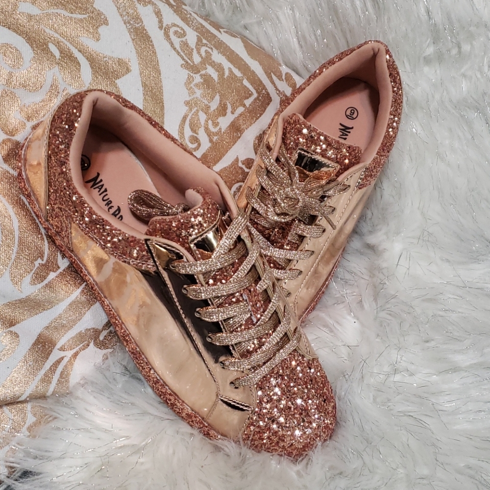 Bronze patent material glitter sneakers